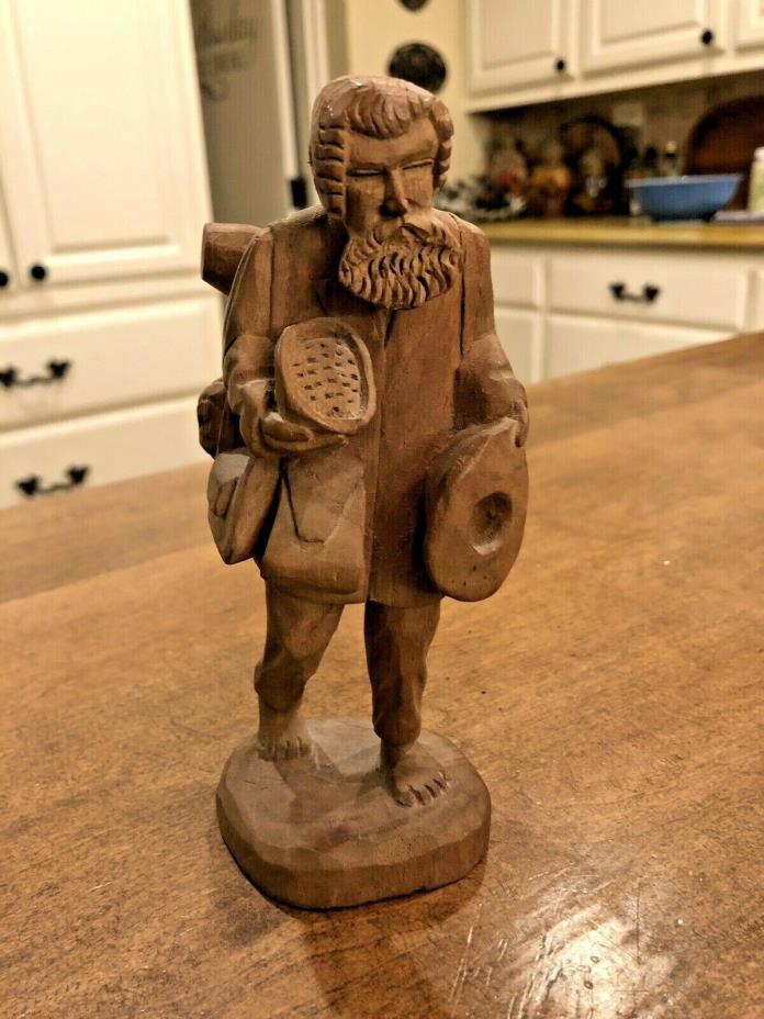 Vintage Hand Carved Wooden Statue Old Man Carrying Knapsack Bundles Folk Art