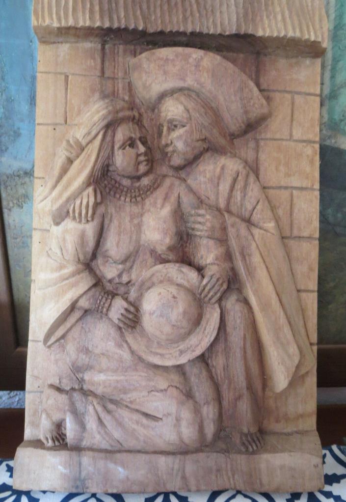 Antique Wood Relief Carved Wall Hanging Plaque
