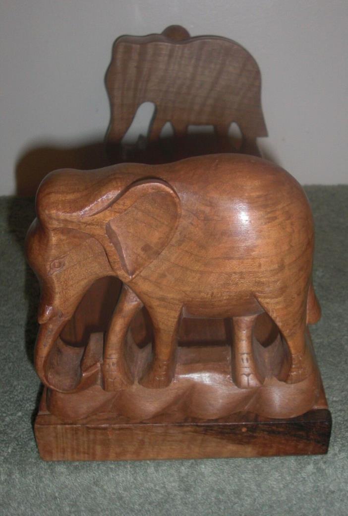 Vintage Hand Carved Wooden Elephant Sliding Folding Bookends