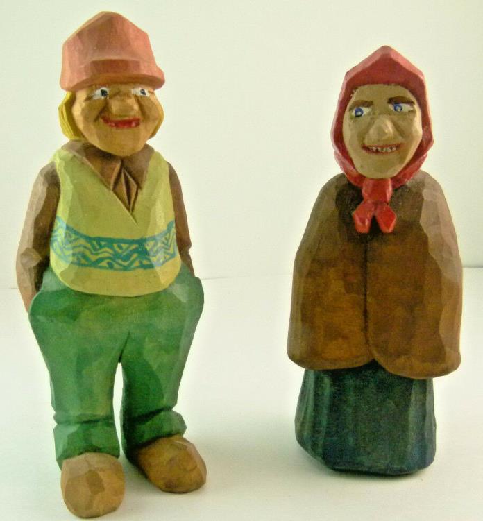Vintage Folk Art Hand Carved Wood Old Man and Woman Sculptures 