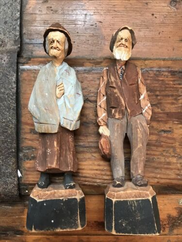 Vintage Wood Carved Couple Hand Painted Signed