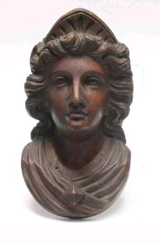 FANTASTIC ANTIQUE 19c FINE CARVED WOOD LADY FIGURE BUST VICTORIAN LADY LIBERTY