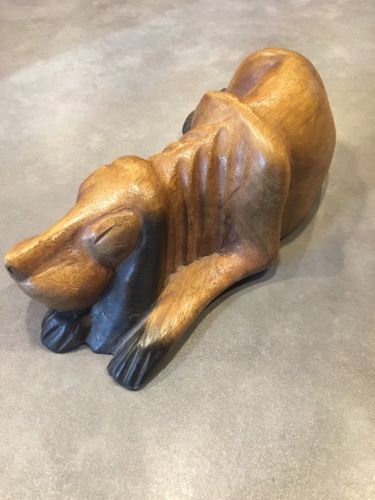 VTG Hand Carved Large Solid Wood Sleeping Laying Down Puppy Dog Blood Hound