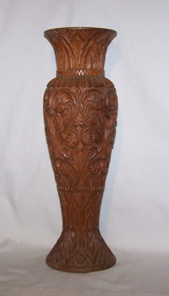 Vintage Hand Carved Wood Vase High Relief Leaf & Vine / Roman Arches 15
