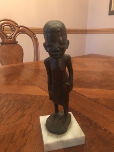 VTG African American Art Carved Wood Figurine ON MARBLE BASE~9