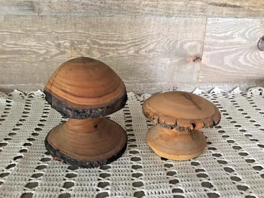 Carved Wooden Toadstool Mushrooms one Ash one Cherry Signed Vintage