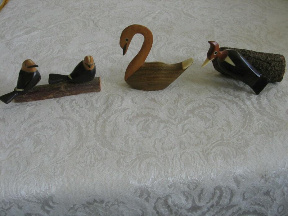 Lot of 3 Vintage Siwok Hand Carved Hand Wood Inlay Bird Figurines Argentina