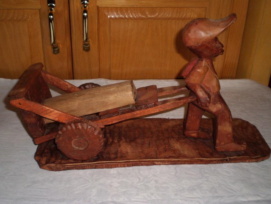 Hand Carved Wood MAN PULLING LOG CART ?JAMAICAN VERY NICE
