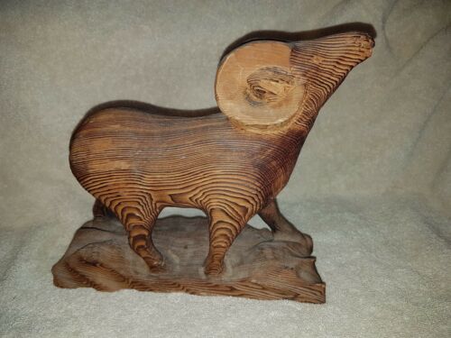 HUGE EARLY WOODEN CARVED RAM ON MOUNTAIN,SIGNED