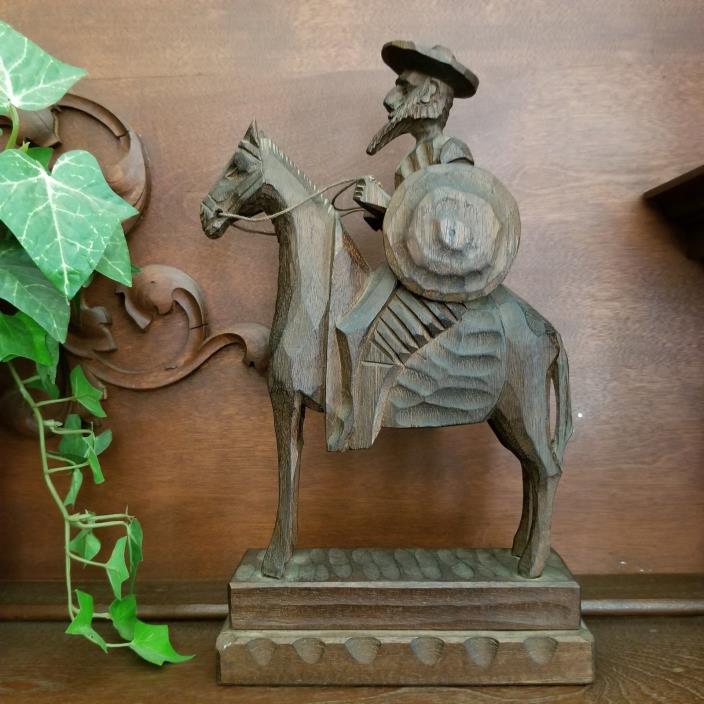 Vintage Carved Wood Don Quixote on Horse Statue Figure Shield