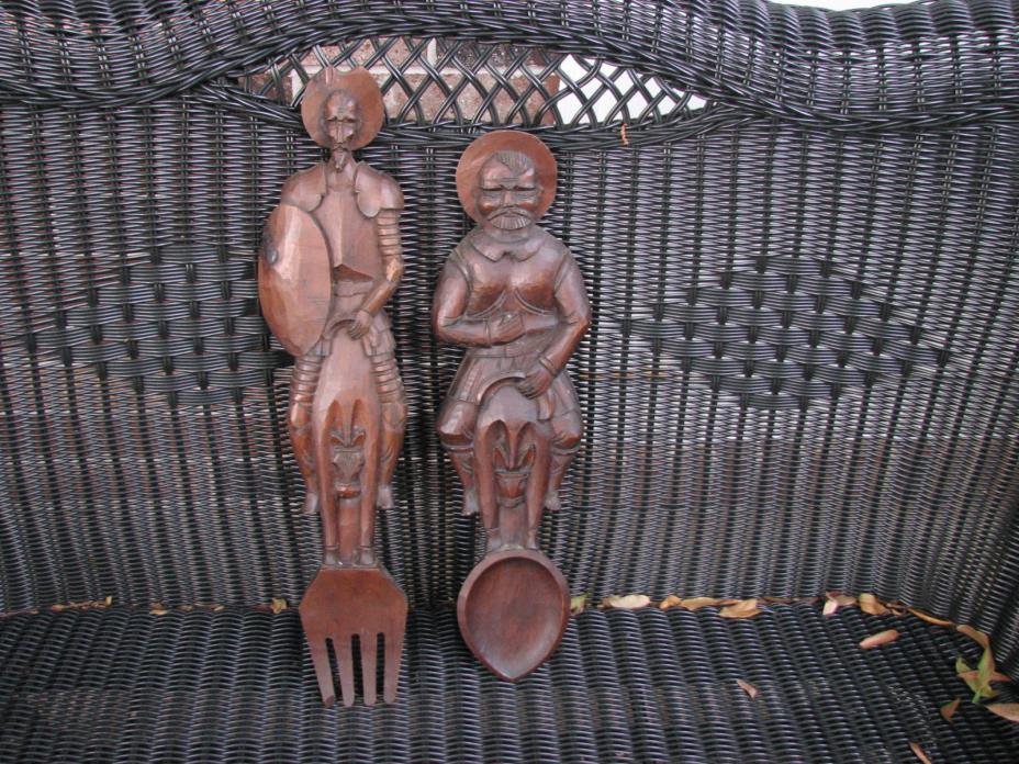 VTG CARVED WOOD DON QUIXOTE and SANCHO PANZA FIGURES, fork and spoon