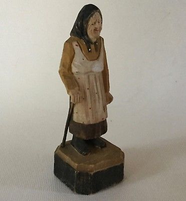 Brienz Huggler Wyss Wood Carving Old Woman w/ Walking Cane Vintage 4 1/2