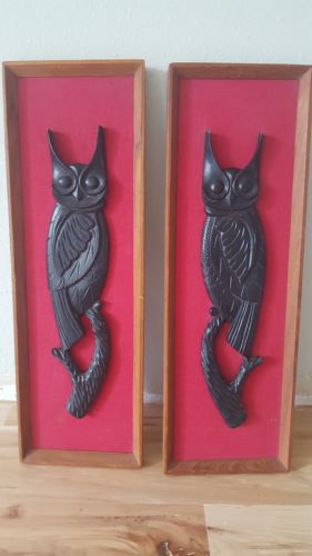 Vintage Bohemian wall art Black Wood Carved Owls