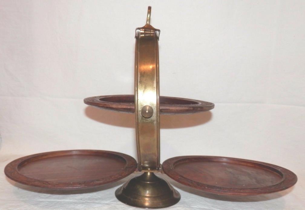 Vintage 3 Tier Wood Engraved India Collapsible Folding Trays Circa 1940 EUC