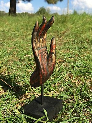 Vintage Carved Wooden Hand Statue on Black Wood Stand Makes Unique Gift Unusual