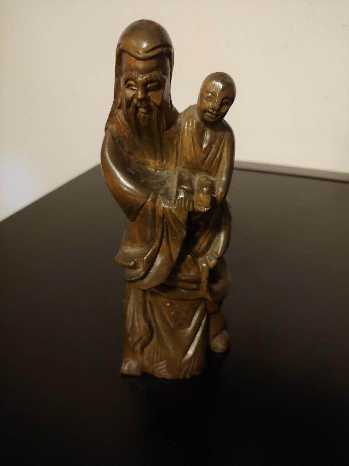 Confuscious /w Child Monk - Wooden, Hand-Carved 7.5in Statue