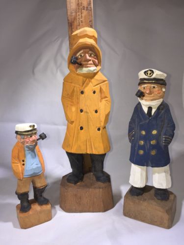 3 Vintage Hand Carved Wood Sailor Fisherman Approx Folk Art Nautical Salty