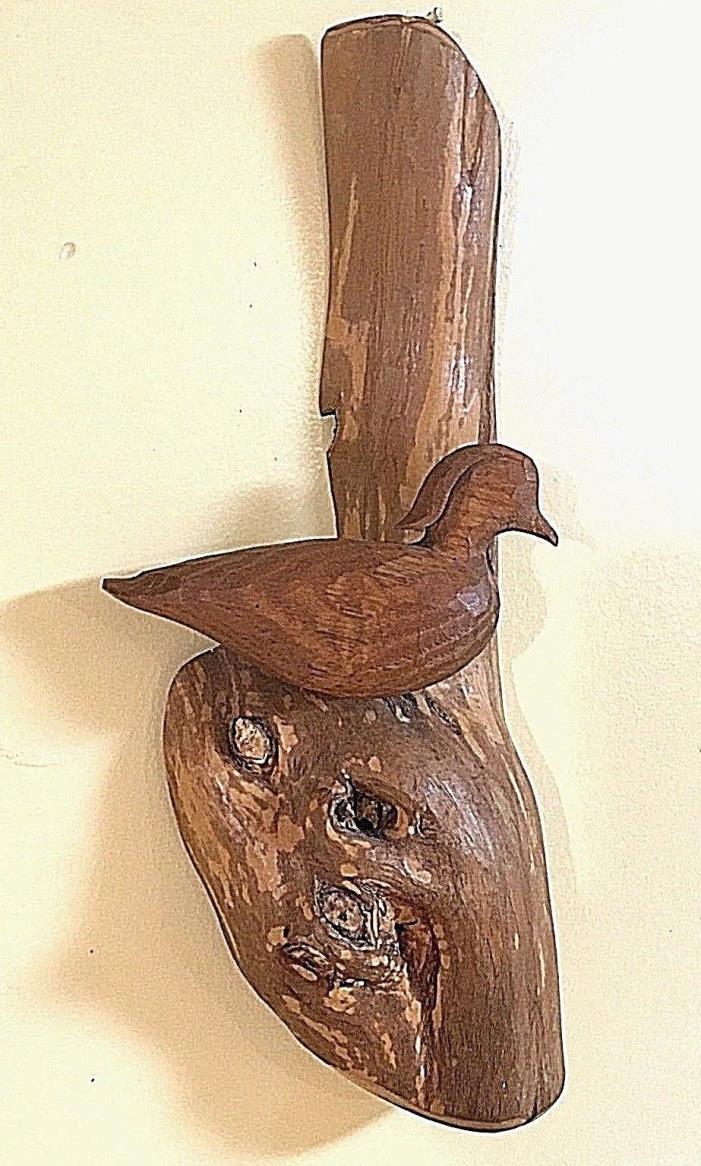 Signed Carved Wood Duck on 10” butternut Burl Knot Up North Decor Decoy Folk Art