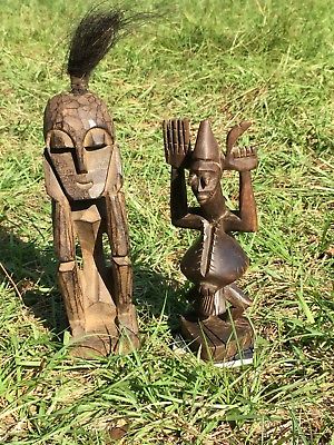 Vintage Carved Wooden Tribal Lot Thinking Man & African Man Wood Sculpture