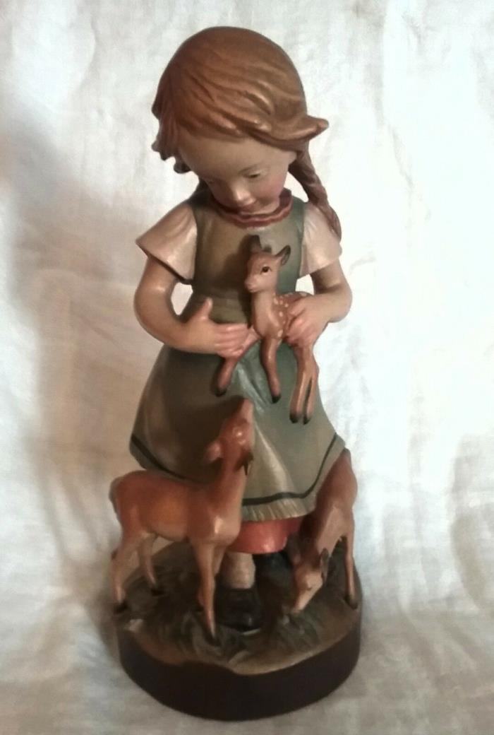TALL HAND CARVED WOODEN FIGURINE- GIRL W/ DEERS-SIGNED BY ITALIAN ARTIST - DOLFI