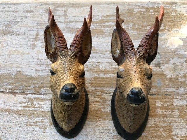 Pair Antique German Black Forest Carved Wood Deer Head