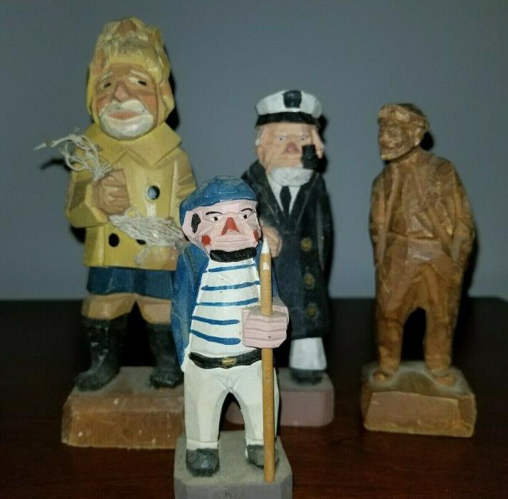 (4) Vintage  Folk Art Hand Carved Wooden Nautical Sailors Figurines one signed