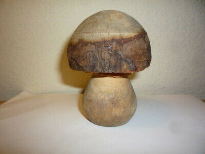 Old Rustic Vintage Figural Hand Carved Wooden Bark Mushroom Figure
