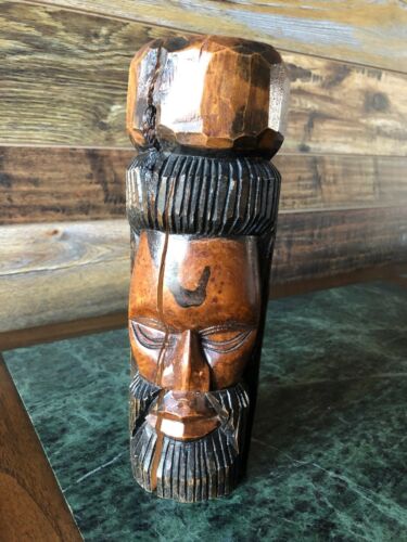 VTG Jamaican Carved Tiki Totem Dual Man-Woman Carved Wood Head