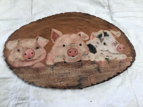Hand Painted Pig Picture Painting On Cut Slab Wood - Rustic Piglets Art