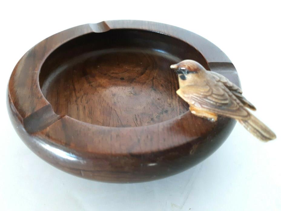Vintage Teak Wood Ashtray Round w/ bird perched on Side MCM 4.75