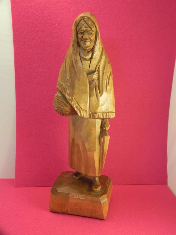 Vintage Signed Caron Wood Carving Old Women Figure Figurine