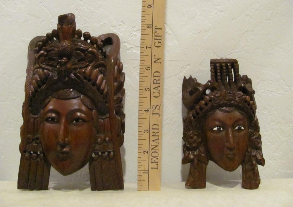 2 Asian Style Hand-Carved Wooden Face Wall Plaques with Inlayed Eyes