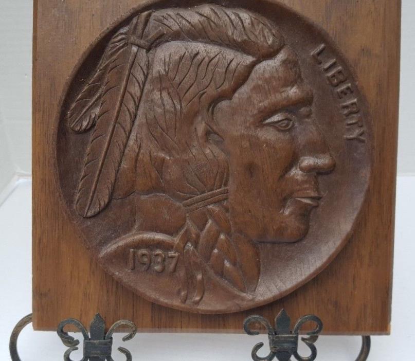 Nickel Indian Liberty 1937 3D Folk Wall Art Wooden Wood Carved Primitive GSH