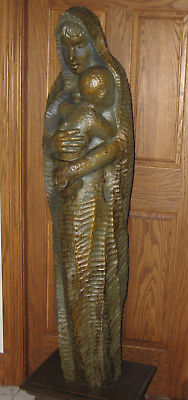 HAND CARVED ANTIQUE WOODEN STATUE 5' t. OF MADONNA AND CHILD