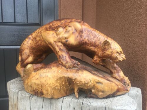 Large Vintage Antique Carves Burl Wood Panther Art Sculpture