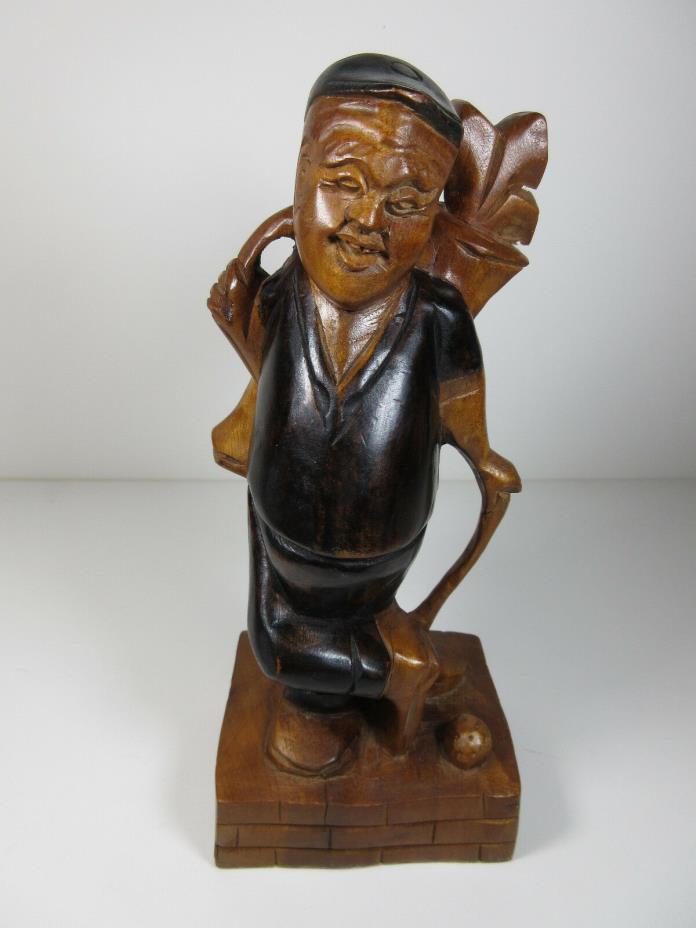Vintage Hand Carved Solid Wood Wooden Golfer Golf Clubs Figurine Statue 9
