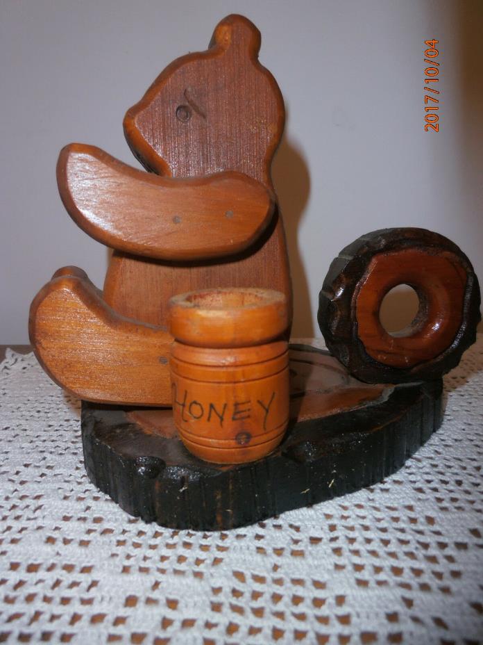Vintage Folk Art Bear Honey Pot Candle Holder Wood Winnie the Pooh