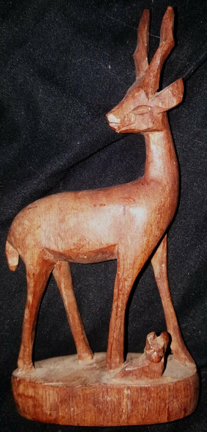 Carved Mid-Century Wooden Deer Gazelle with Fawn