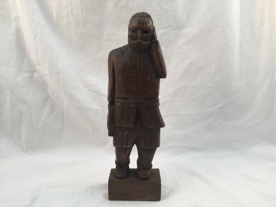 VINTAGE HAND CARVED WOODEN STATUE / FIGURINE OF A BEARDED MAN HOLDING HAT-11 IN.