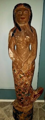 ESTATE FIND. VINTAGE Wooden Hand Carved Mermaid Statue 39