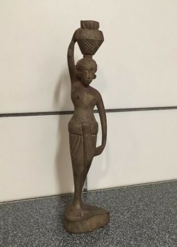 Wood Hand Carved Woman Walking Carrying Water Bowl On Head Statue Figure 8-3/4”