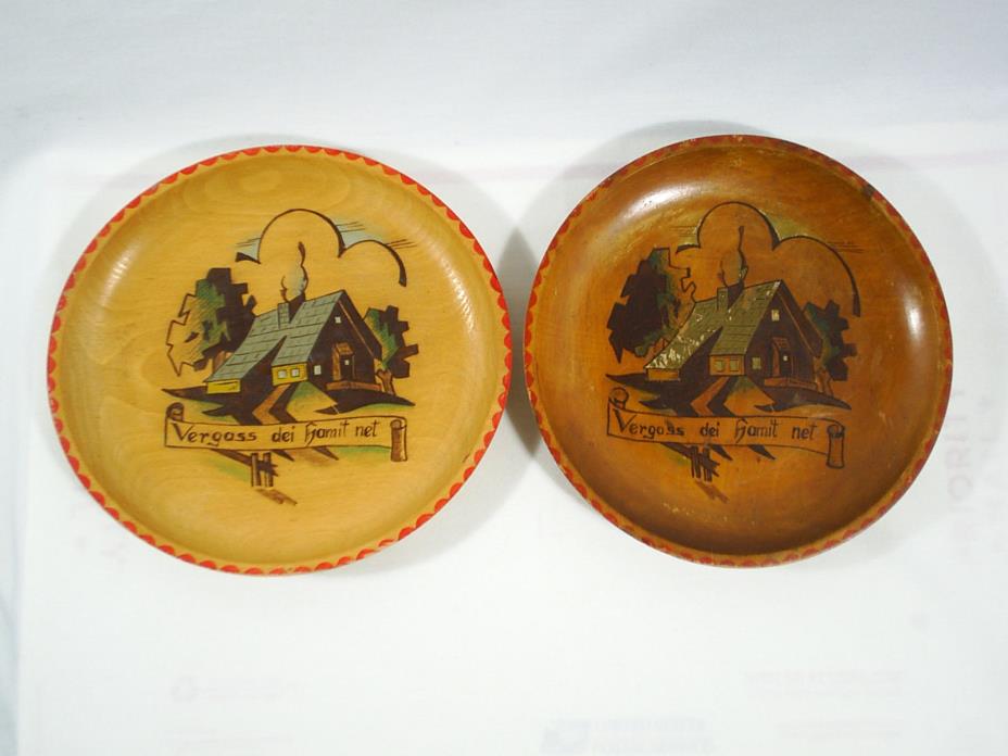 Wood Plate Decorated German Wall Hanging Hand Painted Set Of 2 Vintage