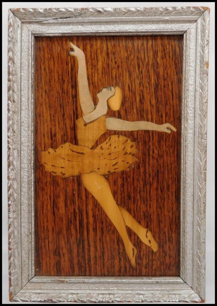 VINTAGE FRAMED 1950 ORIGINAL INLAID WOOD ART BALLERINA