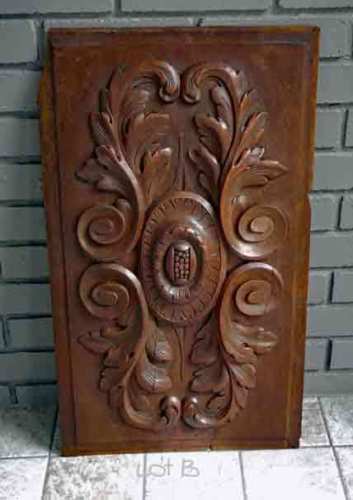 Antique CARVED WOODEN PANEL - SCROLLS, MEDALLION, HIGH RELIEF - (B)