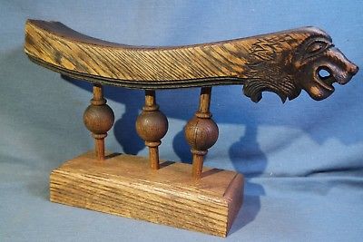 1800s Distressed Oak LIONs Head Stair Railing Three Spindles Mounted Display #1