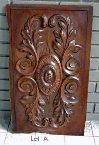 Antique CARVED WOODEN PANEL - SCROLLS, MEDALLION, HIGH RELIEF (A)