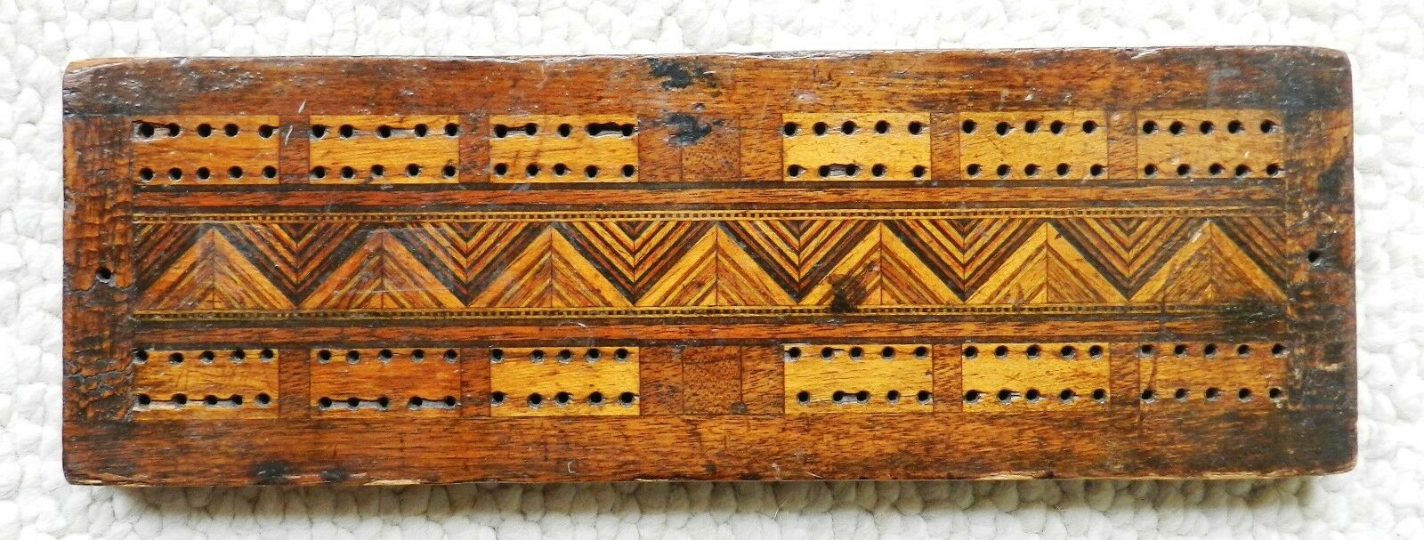 Antique 19th Century Early 1800's Inlaid Wood Cribbage Board Marquetry