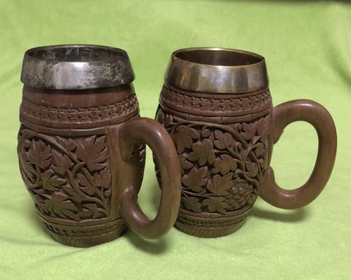 Lot Of 2 Vintage Numbered Wooden Carved Beer Mugs/Steins With Metal Insert