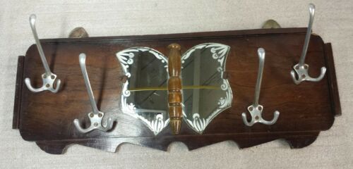 Deco oak hall beveled mirror 4 hooks  25''x11''x5''