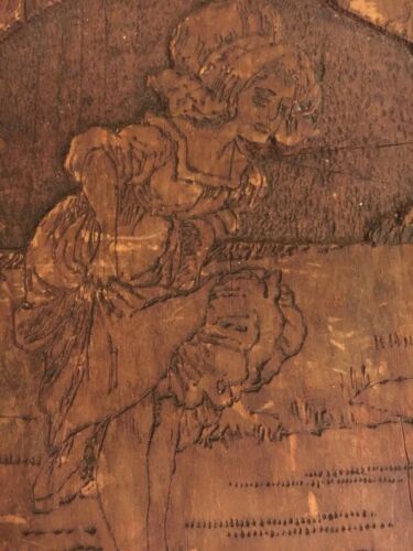 Vintage Flemish Art Pyrography Girl With Wooden Shoes Plaque